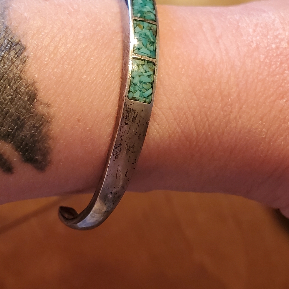 Navajo Vintage Sterling Silver Turquoise Inlay Cuff Bracelet - Picture 6 of 14